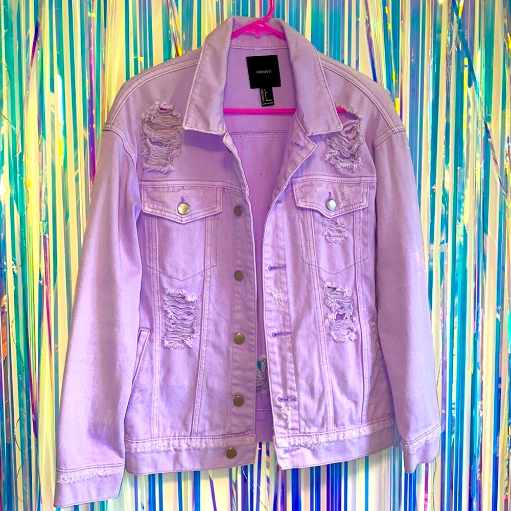 F21 • Oversized Distressed Lavender Jean Denim Jacket